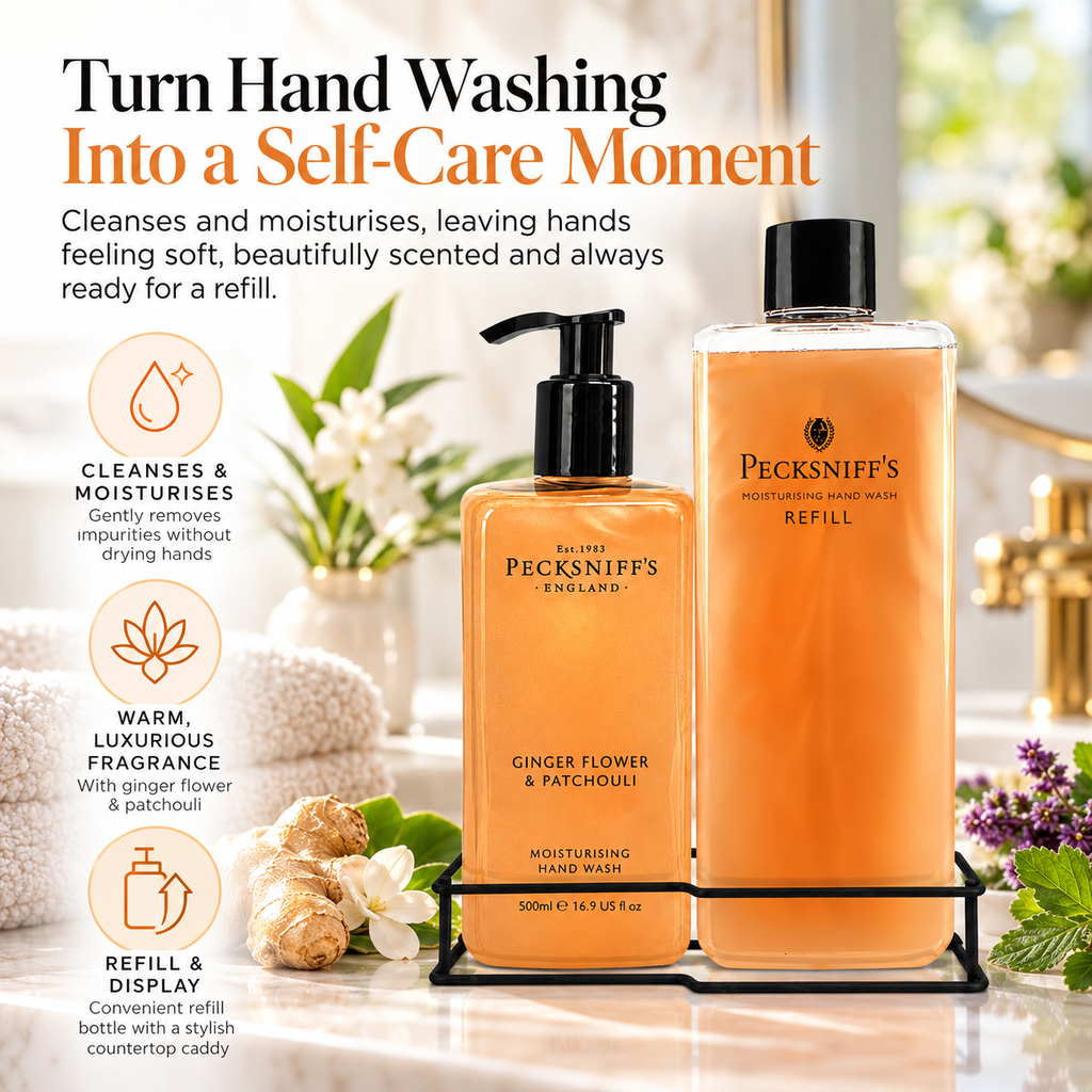 Pecksniff's Classic Ginger Flower & Patchouli Moisturizing Hand Wash 500ml/16.9 Fl oz and Hand Wash Refill 1L/1000ml,33.8 Oz