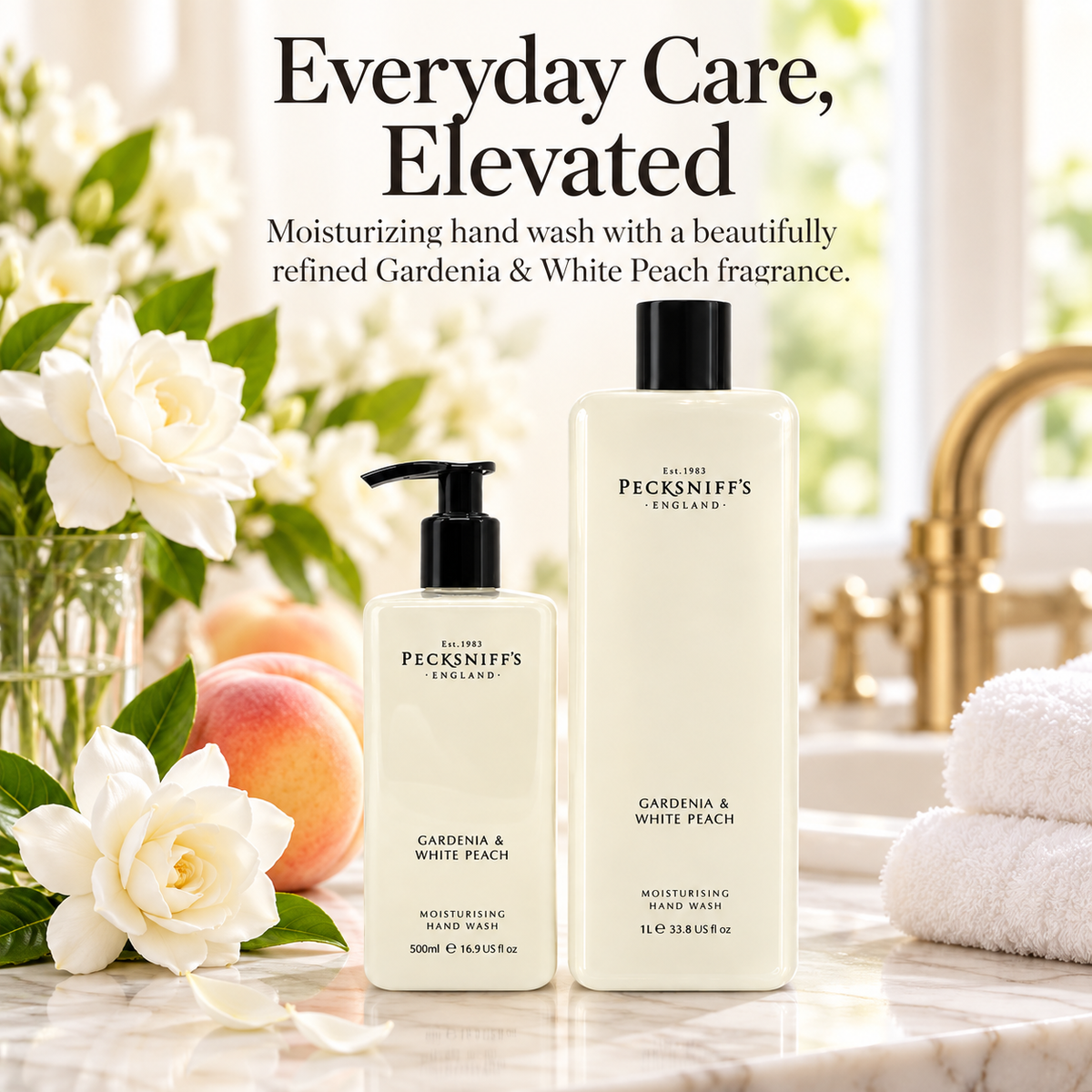 Pecksniffs Classic Gardenia and White Peach Moisturizing Hand Wash 500ml/16.9 Fl oz and Hand Wash Refill 1L/1000ml,33.8 Oz