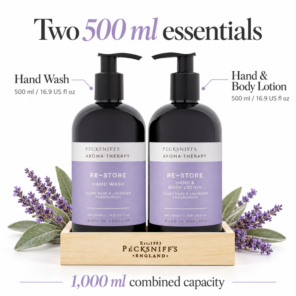 Pecksniff's Aroma:Therapy Re-Store Duo Caddy, 500 ml/16.9 fl oz Hand Wash and 500 ml/16.9 fl oz Hand & Body Lotion