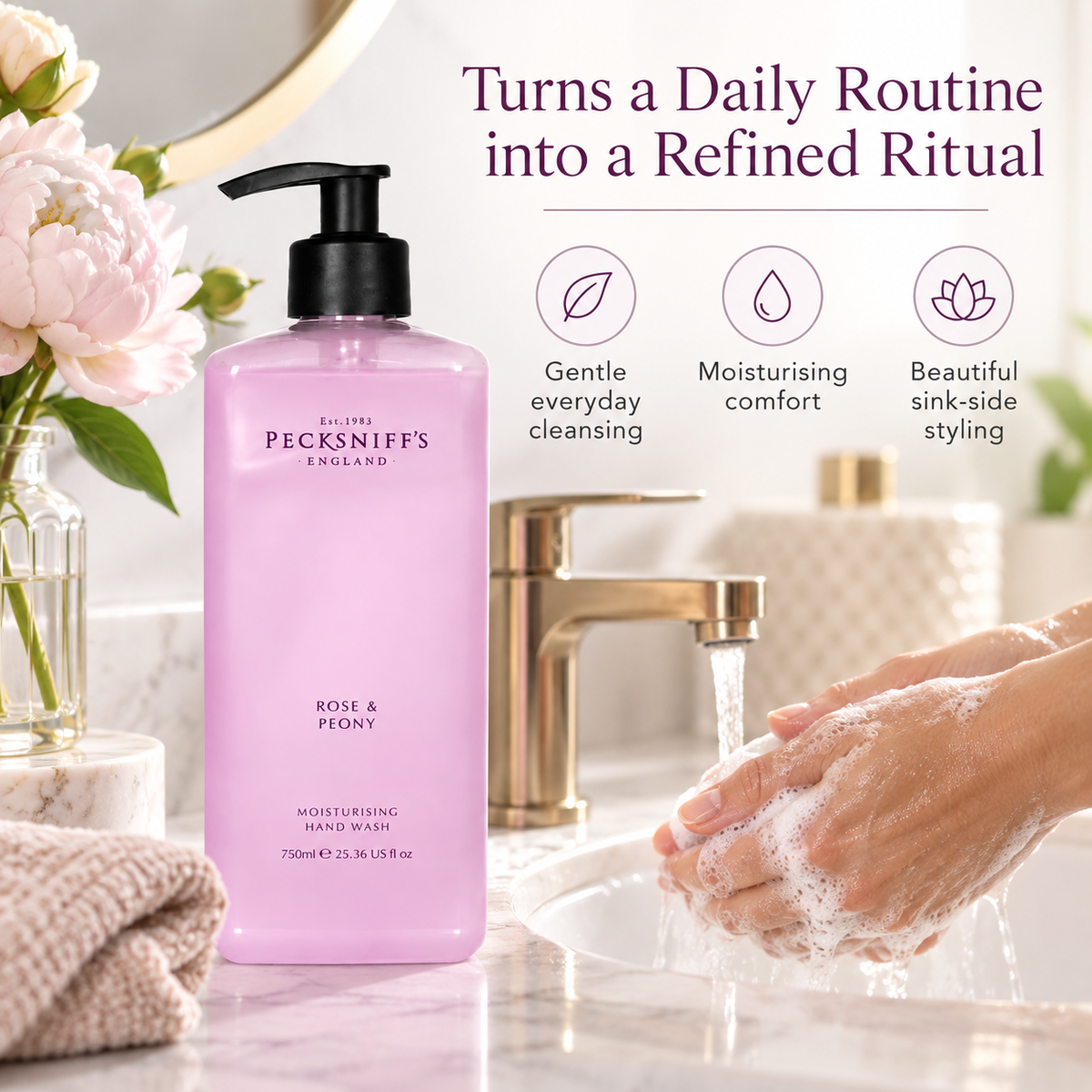 Pecksniff's Classic Rose & Peony Scented Moisturizing Hand Wash | 750ml, 25.3 Fl oz