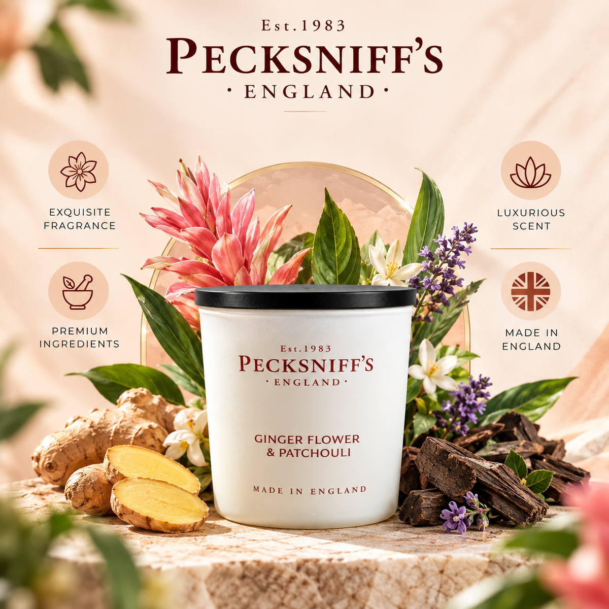 Pecksniff's Ginger Flower & Patchouli Luxury Scented Candle | 1 Wick, 100 g/3.5 oz