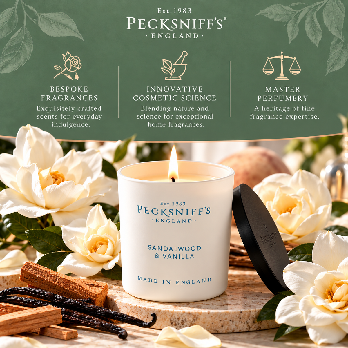 Pecksniff's Sandalwood & Vanilla Luxury Scented Candle | 1 Wick, 100 g/3.5 oz