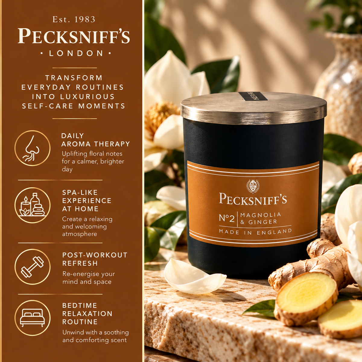 Pecksniffs Magnolia & Ginger Scented Candle | 1 Wick, 100g/3.5oz