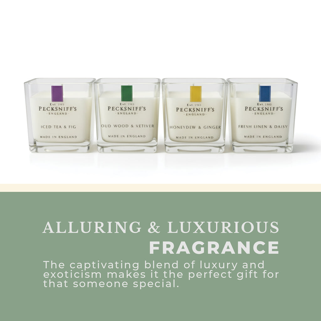 Pecksniff’s Candle Gift Set – Premium Single Wick Candles in Metal Caddy, Handcrafted in England, 4 Scents, 70g Each (Set of 4) – Iced Tea & Fig, Oudwood Vetiver, Honeydew Ginger, Fresh Linen Daisy