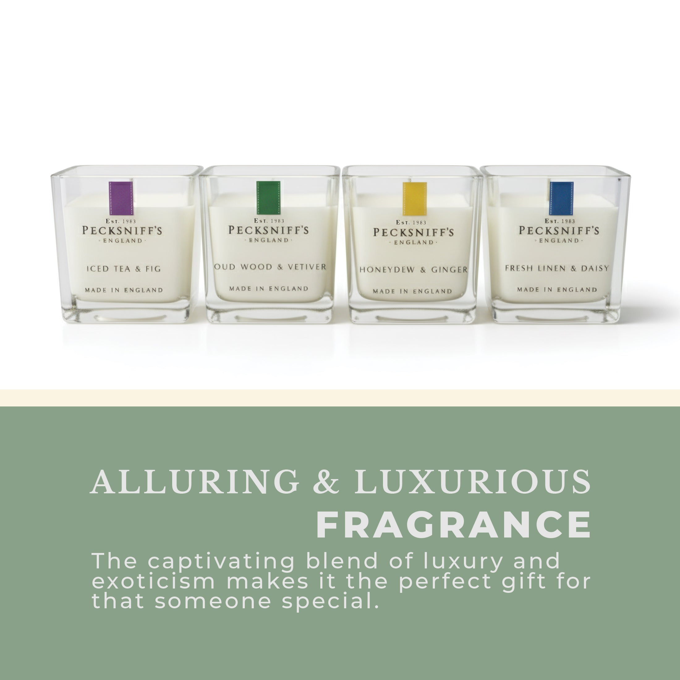 Pecksniff’s Candle Gift Set – Premium Single Wick Candles in Metal Caddy, Handcrafted in England, 4 Scents, 70g Each (Set of 4) – Iced Tea & Fig, Oudwood Vetiver, Honeydew Ginger, Fresh Linen Daisy