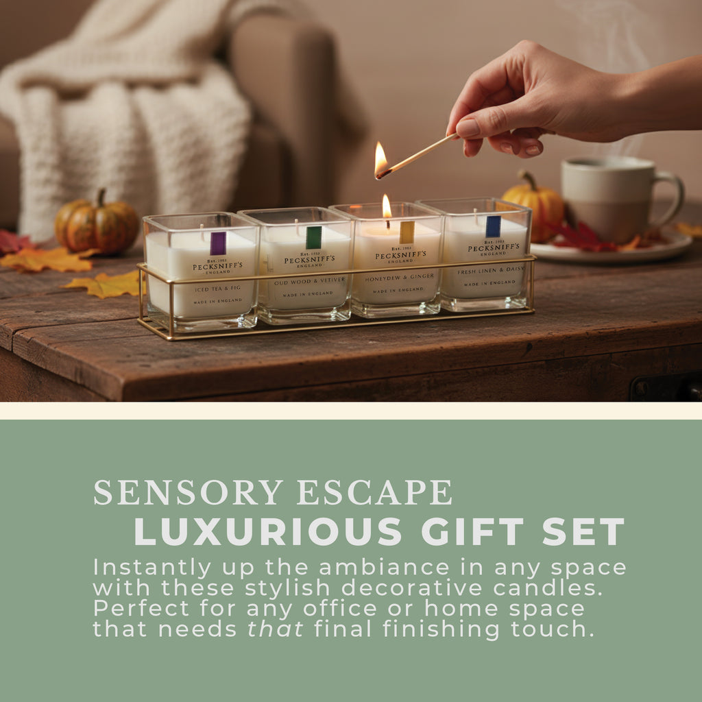 Pecksniff’s Candle Gift Set – Premium Single Wick Candles in Metal Caddy, Handcrafted in England, 4 Scents, 70g Each (Set of 4) – Iced Tea & Fig, Oudwood Vetiver, Honeydew Ginger, Fresh Linen Daisy