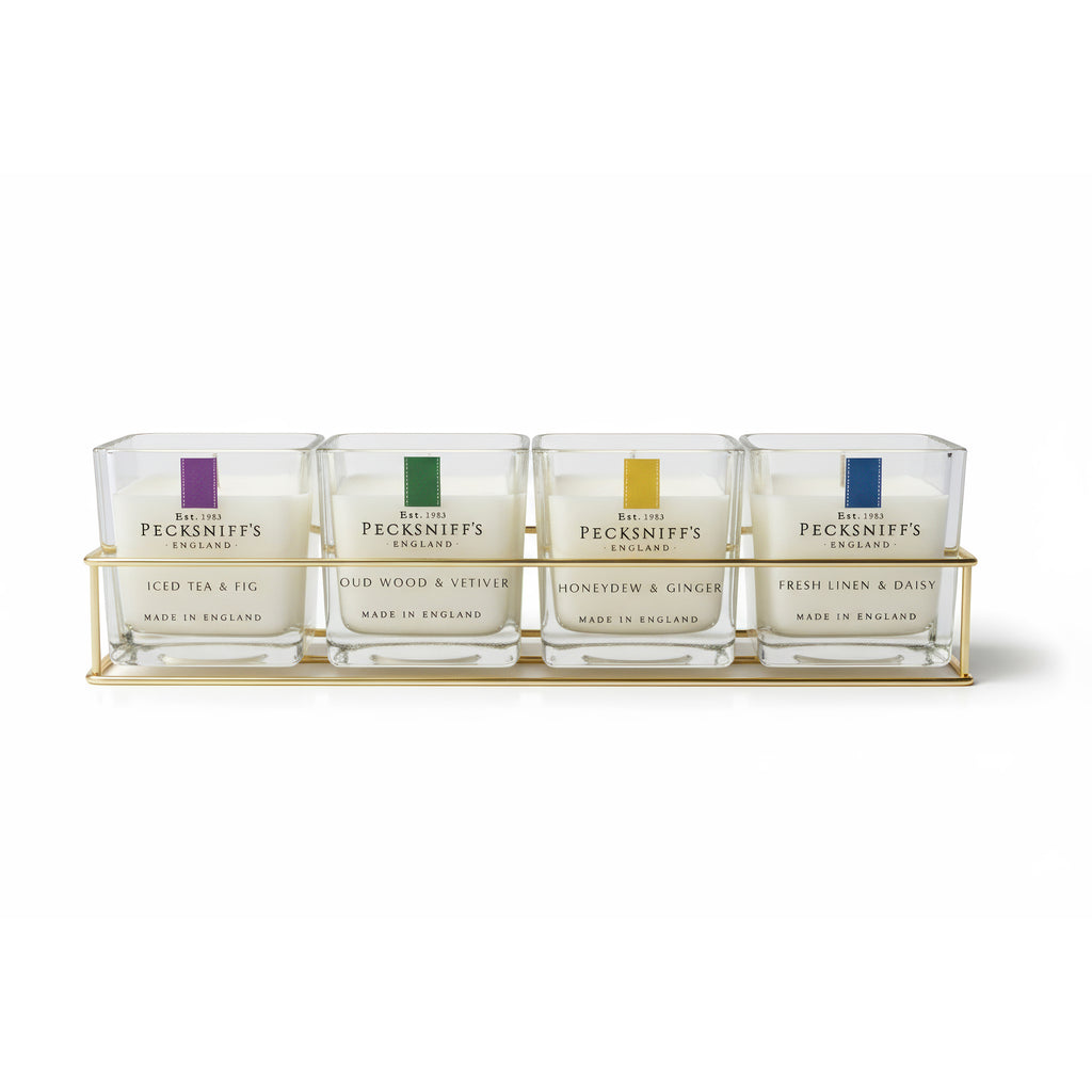 Pecksniff’s Candle Gift Set – Premium Single Wick Candles in Metal Caddy, Handcrafted in England, 4 Scents, 70g Each (Set of 4) – Iced Tea & Fig, Oudwood Vetiver, Honeydew Ginger, Fresh Linen Daisy