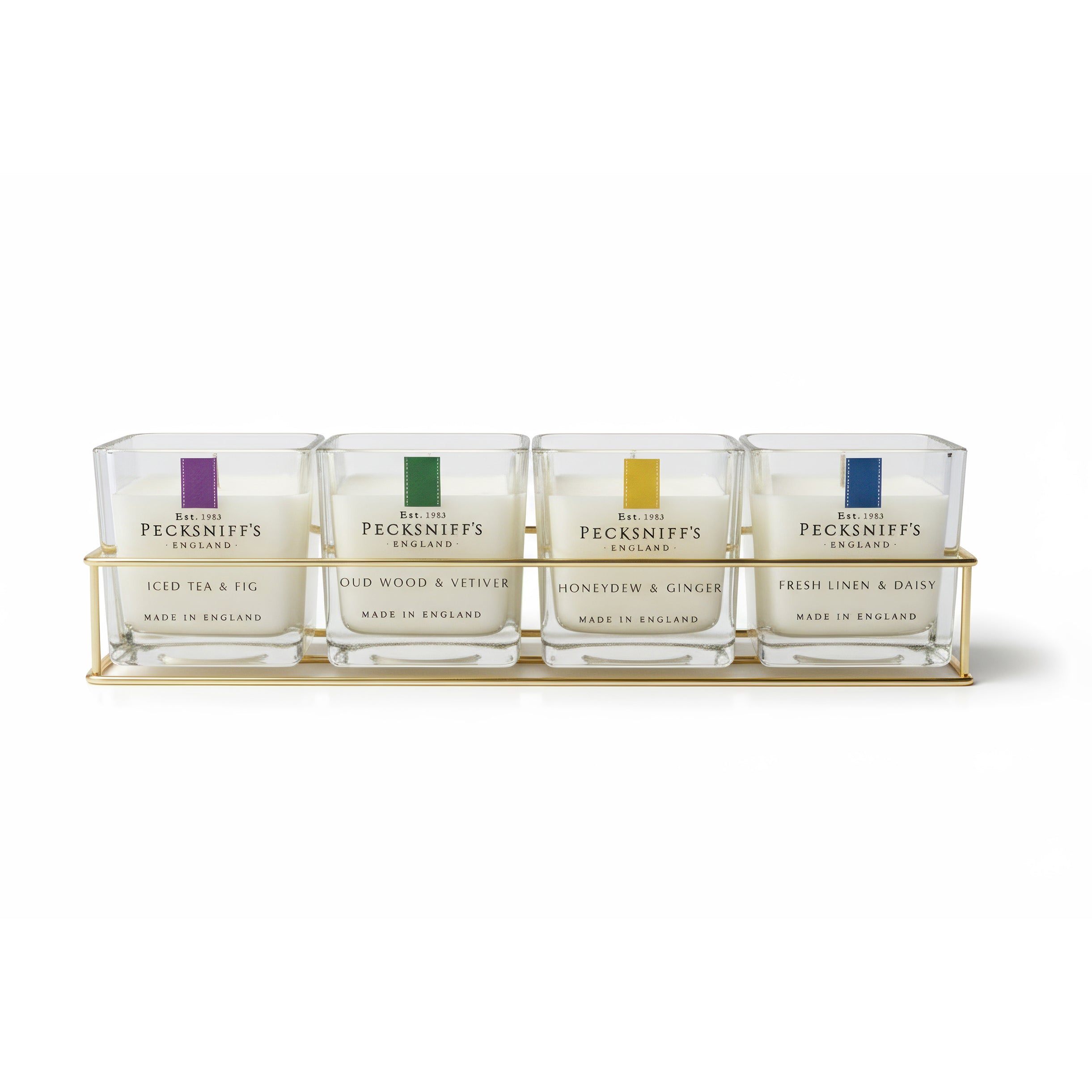 Pecksniff’s Candle Gift Set – Premium Single Wick Candles in Metal Caddy, Handcrafted in England, 4 Scents, 70g Each (Set of 4) – Iced Tea & Fig, Oudwood Vetiver, Honeydew Ginger, Fresh Linen Daisy
