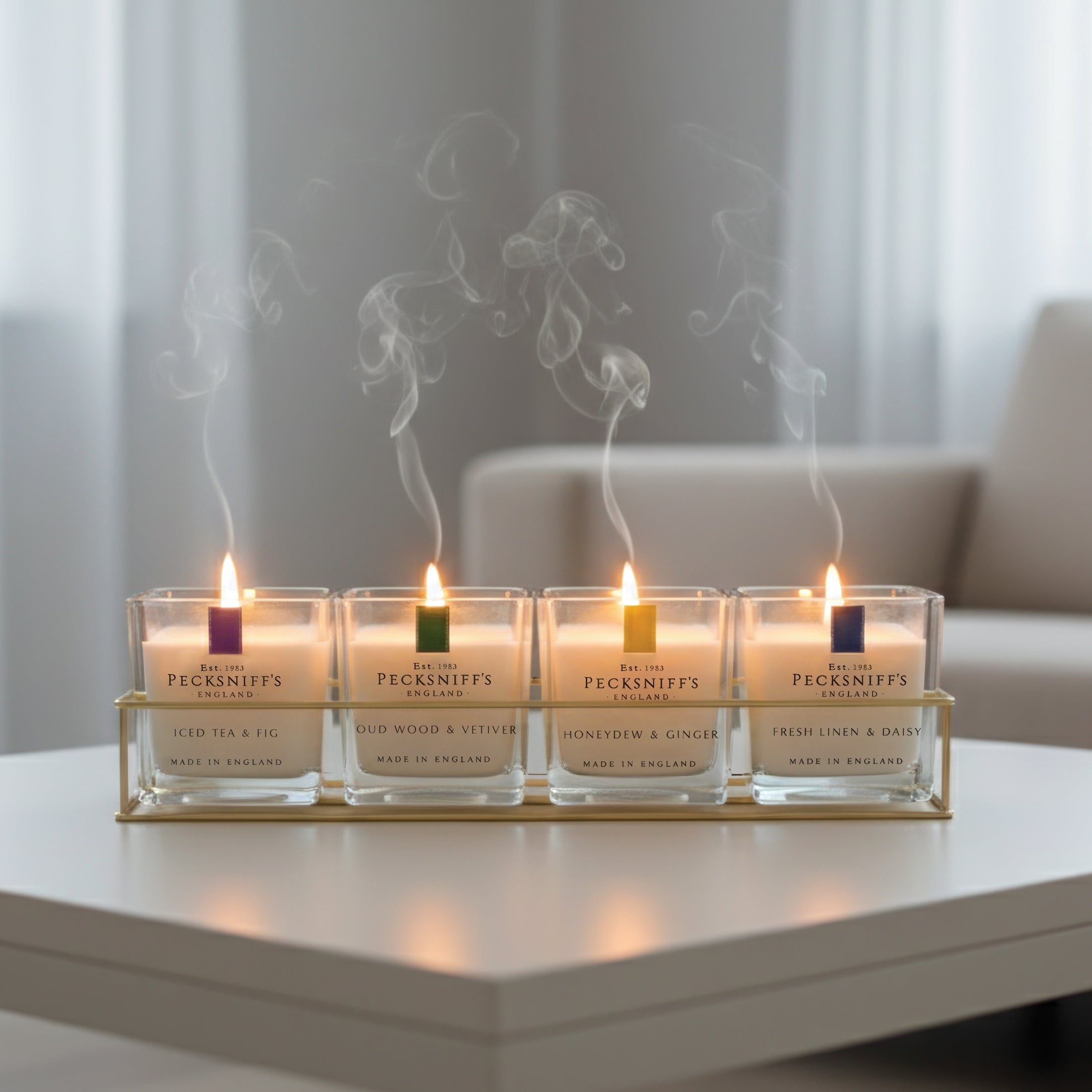 Pecksniff’s Candle Gift Set – Premium Single Wick Candles in Metal Caddy, Handcrafted in England, 4 Scents, 70g Each (Set of 4) – Iced Tea & Fig, Oudwood Vetiver, Honeydew Ginger, Fresh Linen Daisy