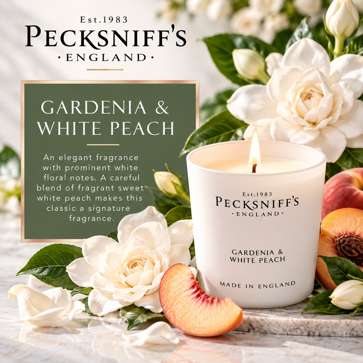 Pecksniff's Gardenia & White Peach Luxury Scented Candle | 1 Wick, 100 g/3.5 oz