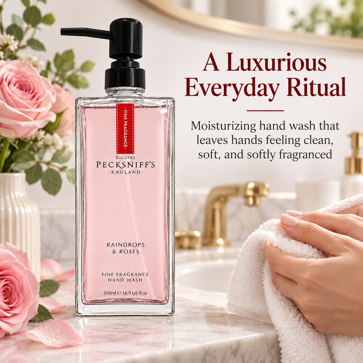 Pecksniffs Raindrops & Roses Fine Fragrance Hand Wash in a Glass Bottle | 500ml, 16.9 Fl oz