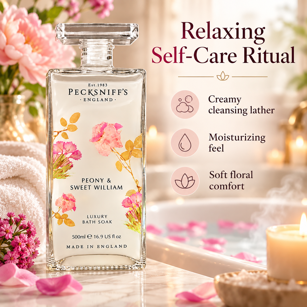 Pecksniff's Peony & Sweet William Bath Soak Decanter | 500ml/16.9 Fl Oz