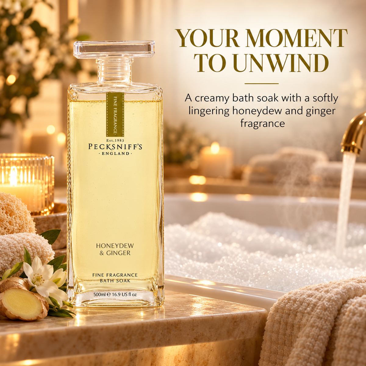 Pecksniff's Prestige Honeydew & Ginger Bath Soak Decanter | 500ml/16.9 Fl Oz