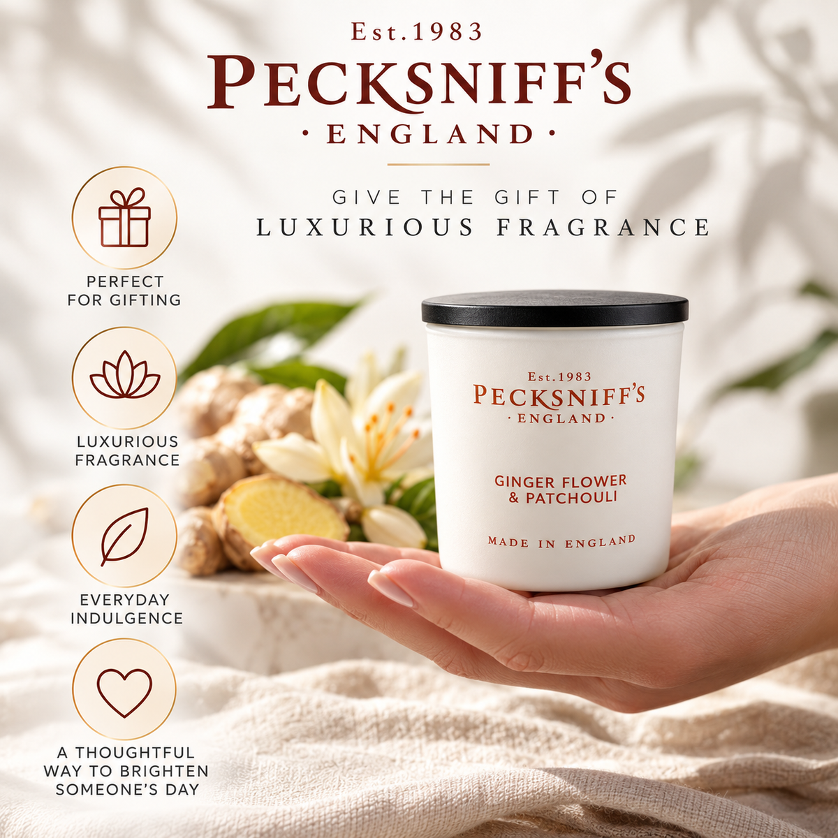 Pecksniff's Ginger Flower & Patchouli Luxury Scented Candle | 1 Wick, 100 g/3.5 oz