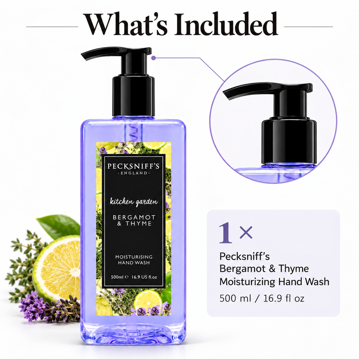 Pecksniff's Classic Bergamot & Thyme Scented Moisturizing Hand Wash | 500ml, 16.9 Fl oz
