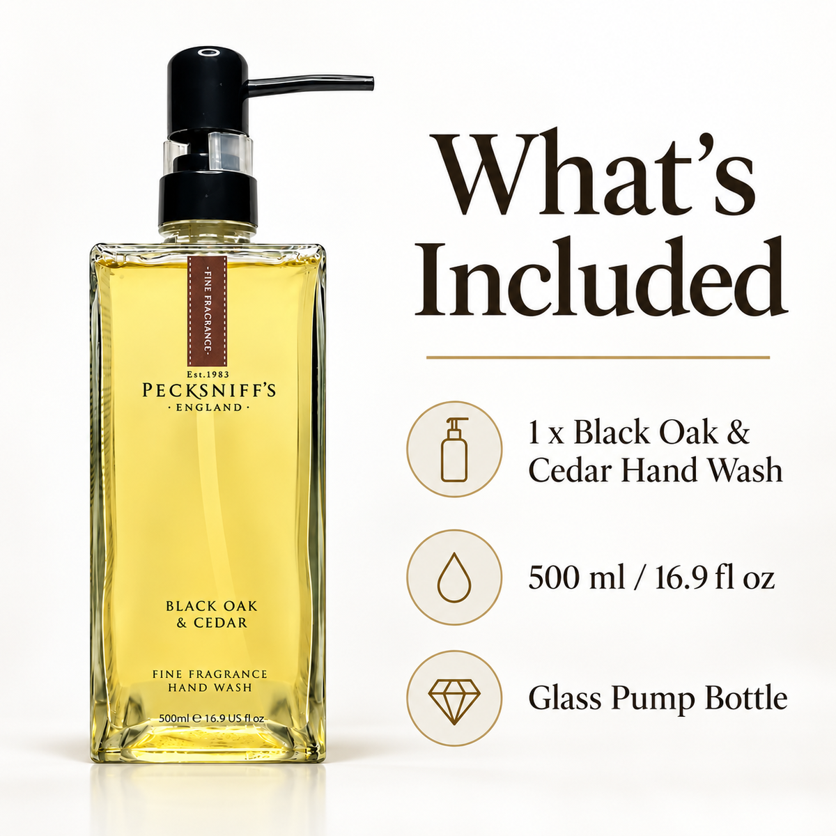 Pecksniffs Black Oak & Cedar Fine Fragrance Hand Wash in a Glass Bottle | 500ml, 16.9 Fl oz