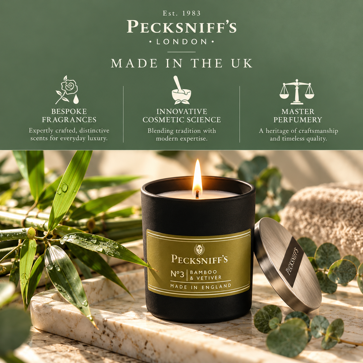 Pecksniffs Bamboo & Vetiver Scented Candle | 1 Wick, 100g/3.5oz