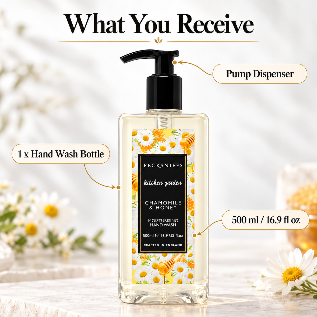 Pecksniff's Classic Chamomile & Honey Scented Moisturizing Hand Wash | 500ml, 16.9 Fl oz