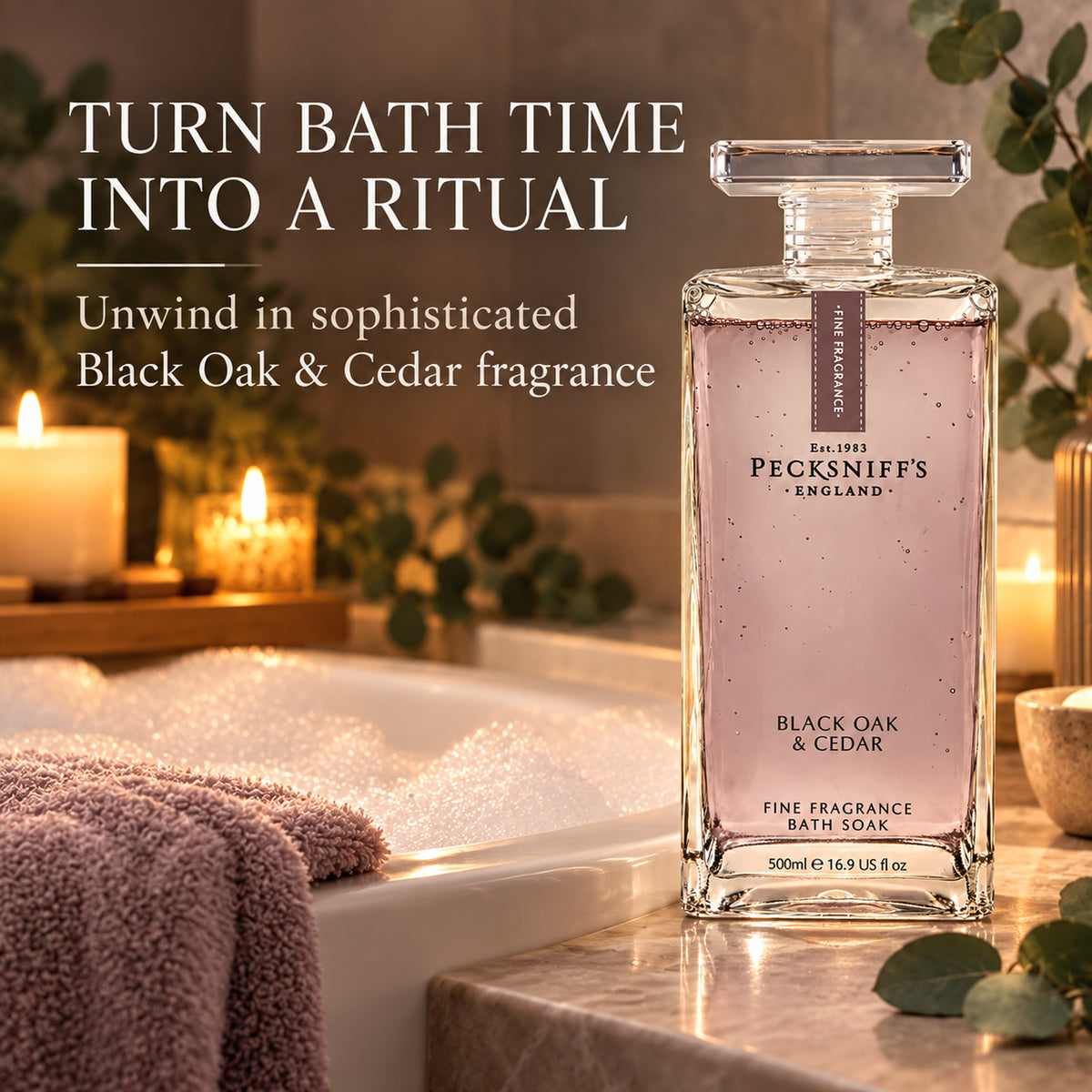 Pecksniff's Prestige Black Oak & Cedar Bath Soak Decanter | 500ml/16.9 Fl Oz