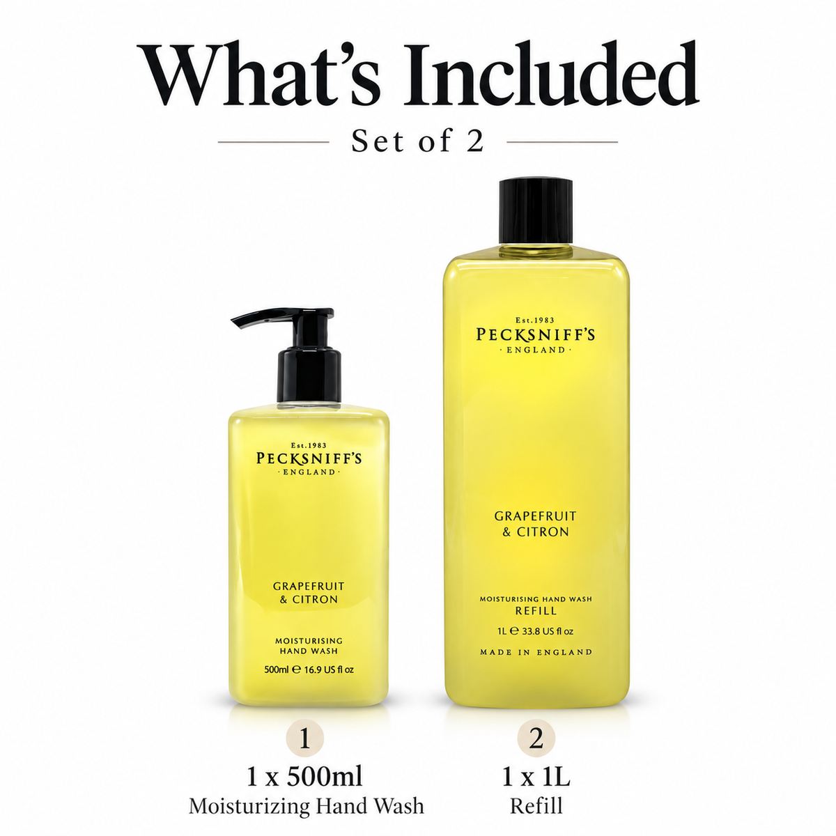 Pecksniff's Classic Grapefruit & Citron Moisturizing Hand Wash 500ml/16.9 Fl oz and Hand Wash Refill 1L/1000ml,33.8 Oz