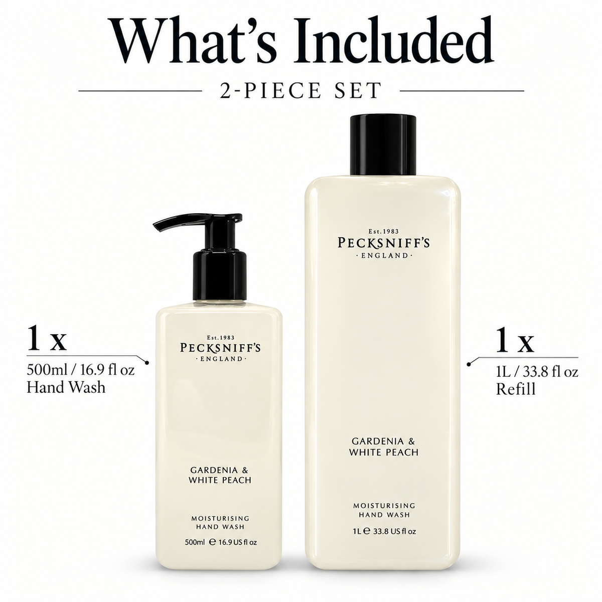 Pecksniffs Classic Gardenia and White Peach Moisturizing Hand Wash 500ml/16.9 Fl oz and Hand Wash Refill 1L/1000ml,33.8 Oz