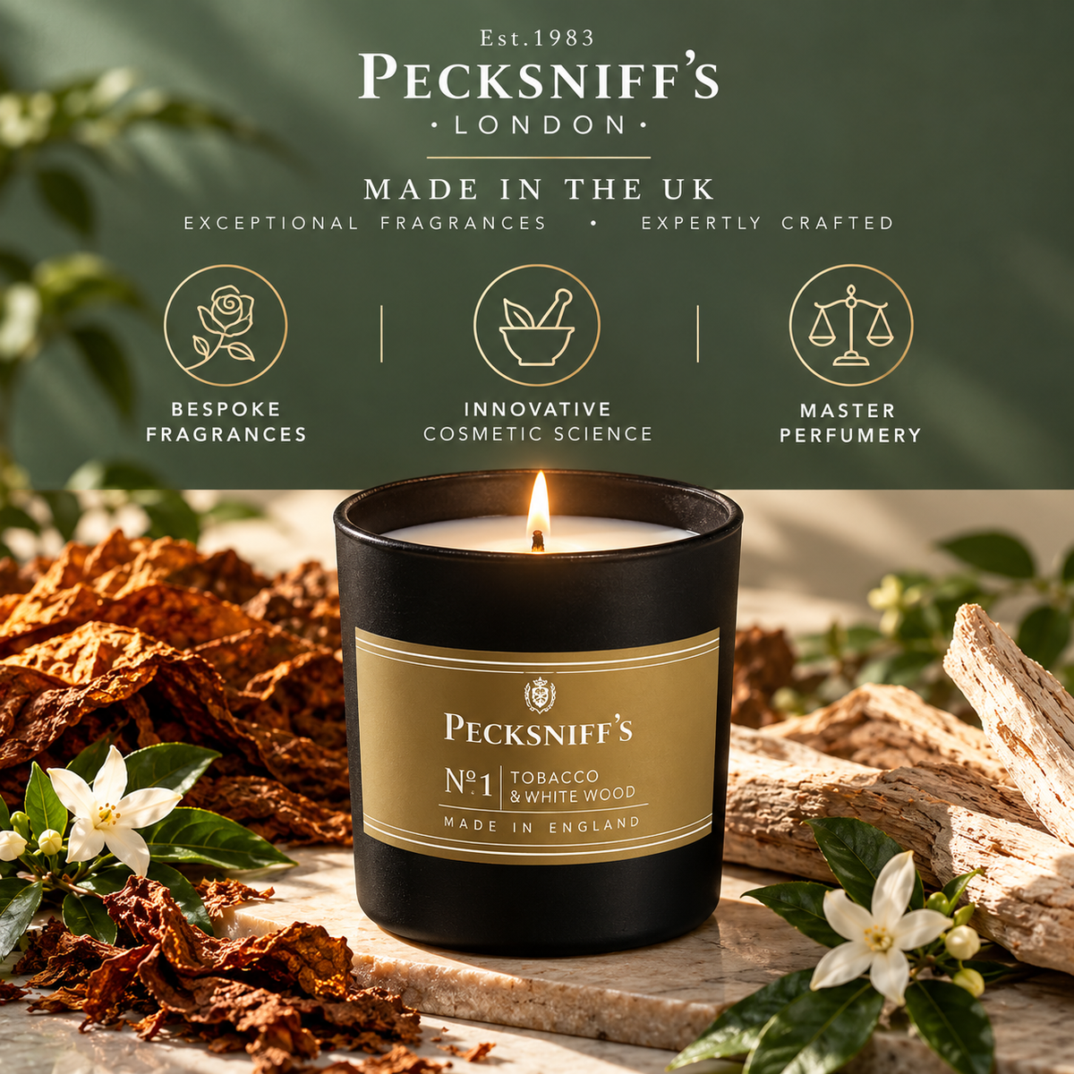 Pecksniff's Tobacco & White Wood Scented Candle | 1 Wick, 100g/3.5oz