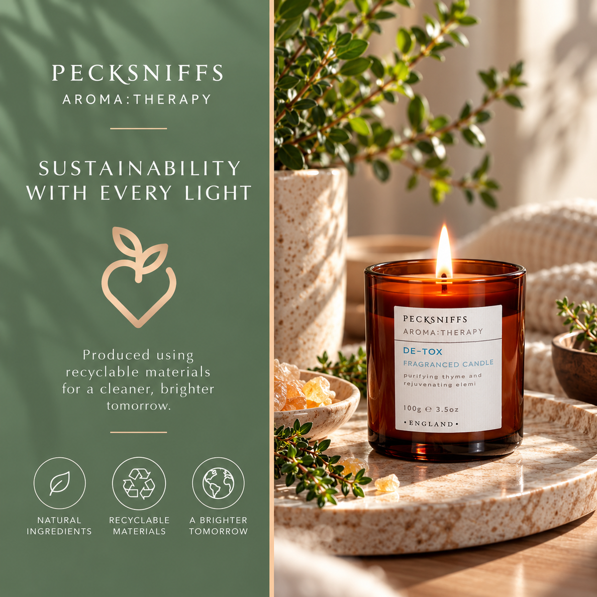 Pecksniff's De-tox Luxury Scented Candle | 1 Wick, 100 g/3.5 oz