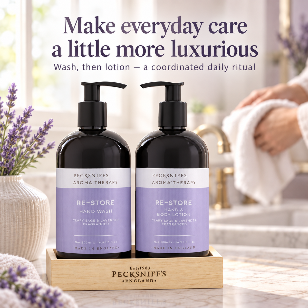 Pecksniff's Aroma:Therapy Re-Store Duo Caddy, 500 ml/16.9 fl oz Hand Wash and 500 ml/16.9 fl oz Hand & Body Lotion