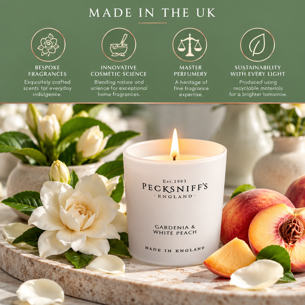 Pecksniff's Gardenia & White Peach Luxury Scented Candle | 1 Wick, 100 g/3.5 oz