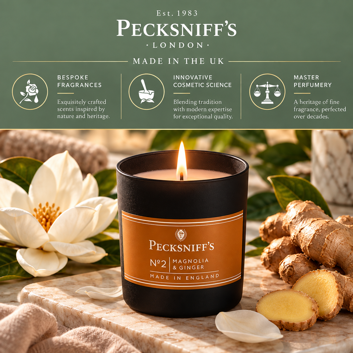Pecksniffs Magnolia & Ginger Scented Candle | 1 Wick, 100g/3.5oz