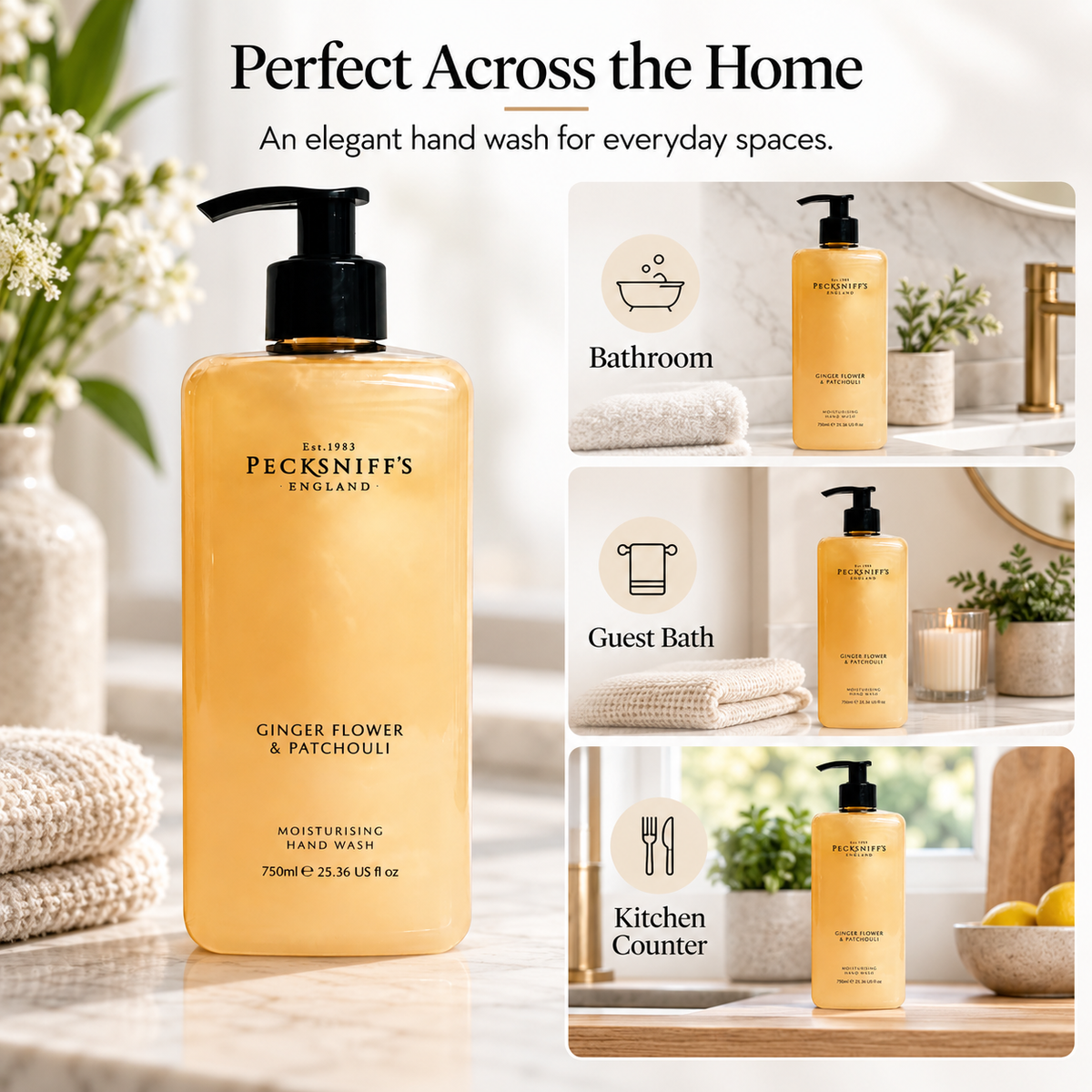 Pecksniff's Classic Ginger Flower & Patchouli Scented Moisturizing Hand Wash | 750ml, 25.3 Fl oz