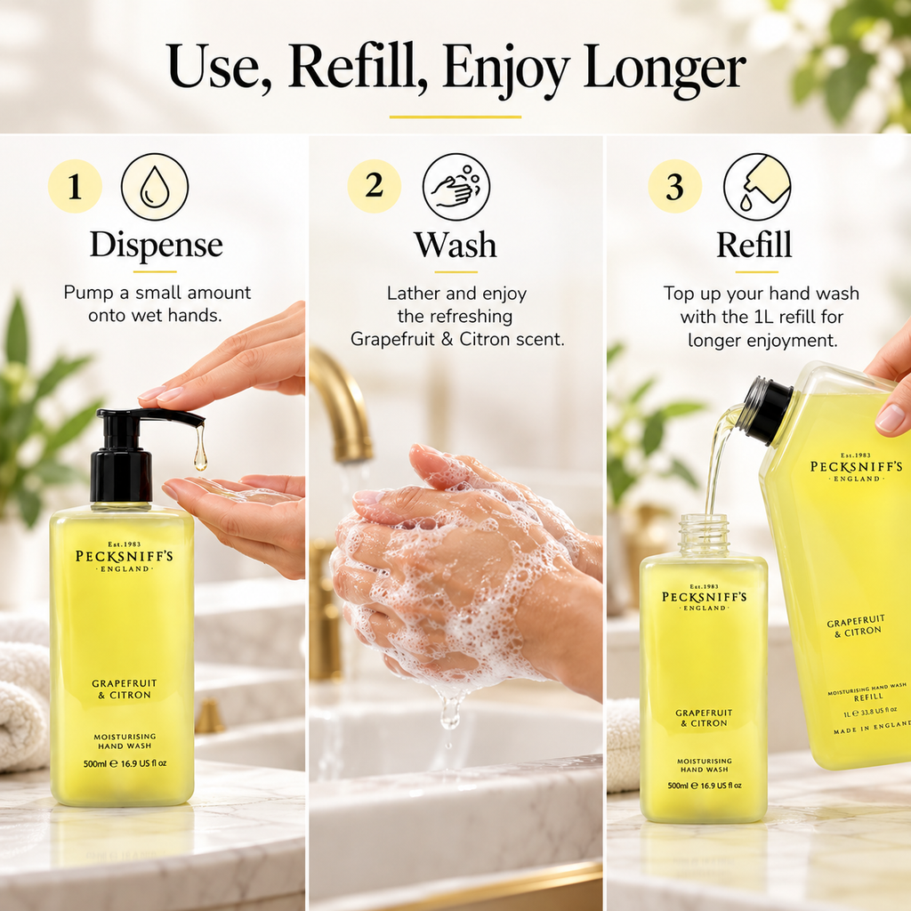 Pecksniff's Classic Grapefruit & Citron Moisturizing Hand Wash 500ml/16.9 Fl oz and Hand Wash Refill 1L/1000ml,33.8 Oz