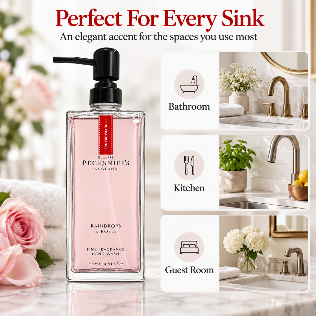 Pecksniffs Raindrops & Roses Fine Fragrance Hand Wash in a Glass Bottle | 500ml, 16.9 Fl oz