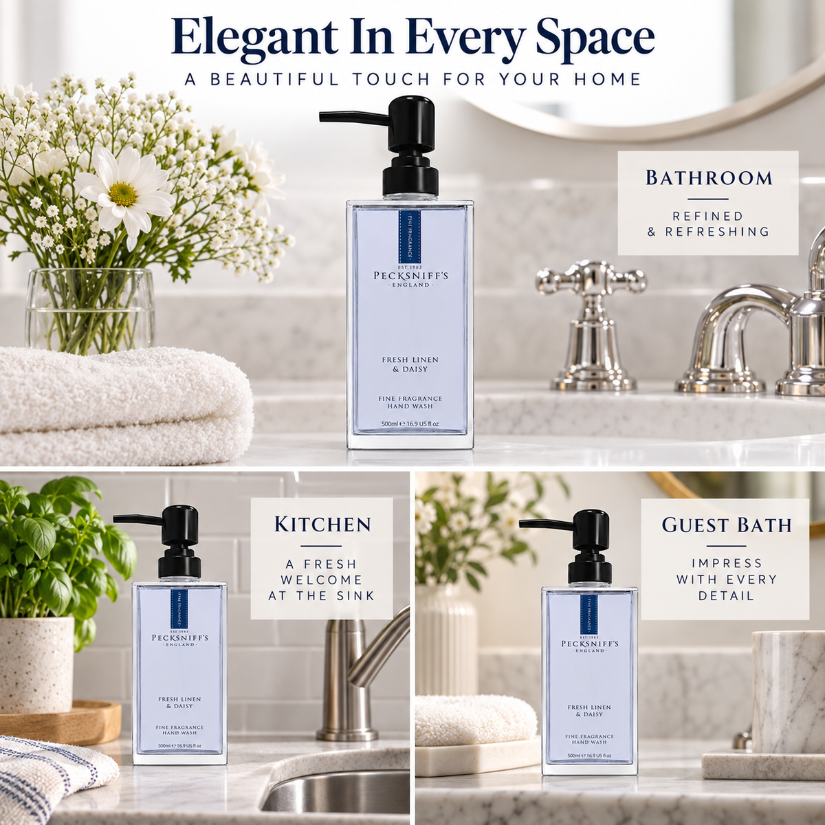 Pecksniff's Fresh Linen & Daisy Fine Fragrance Hand Wash in a Glass Bottle | 500ml, 16.9 Fl oz