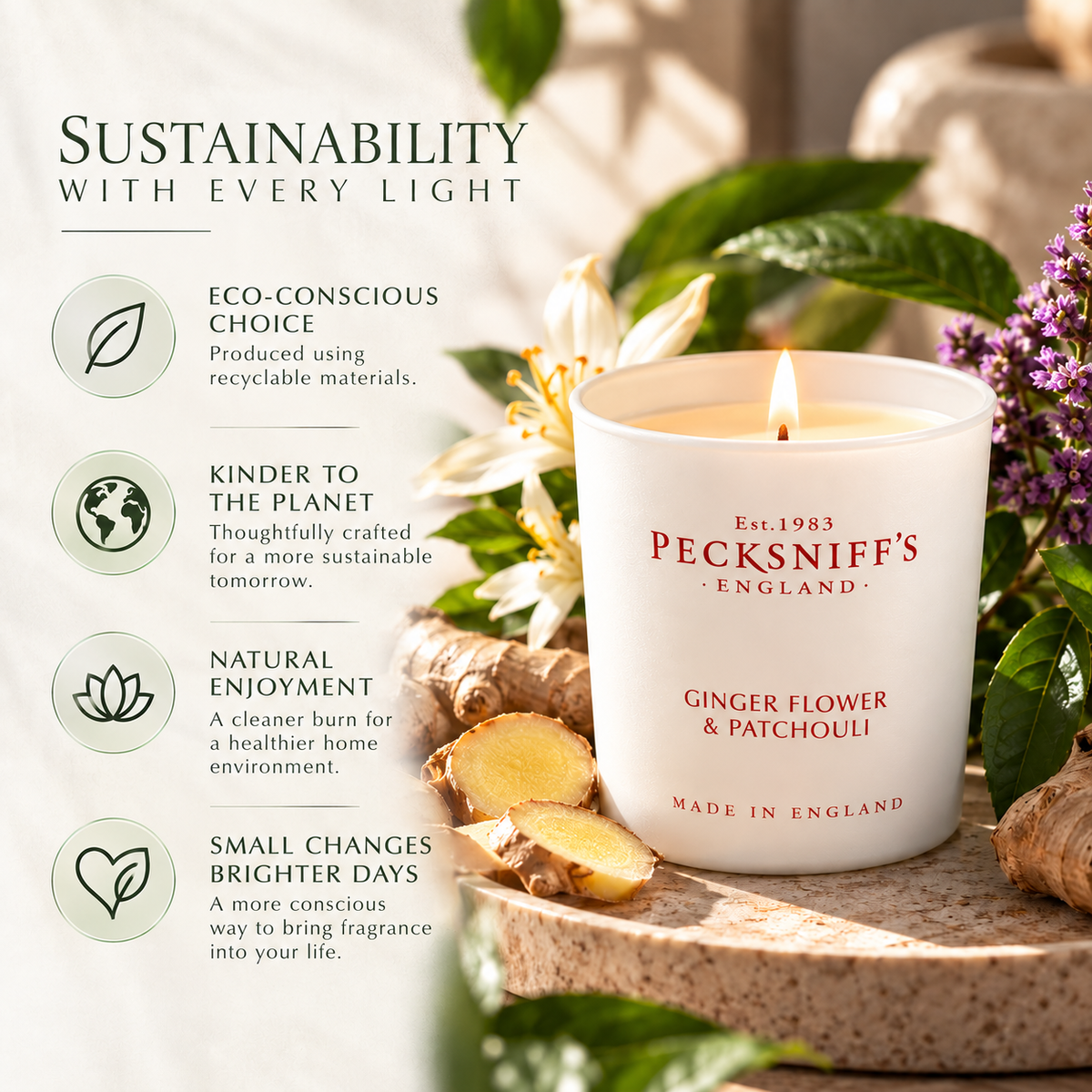 Pecksniff's Ginger Flower & Patchouli Luxury Scented Candle | 1 Wick, 100 g/3.5 oz