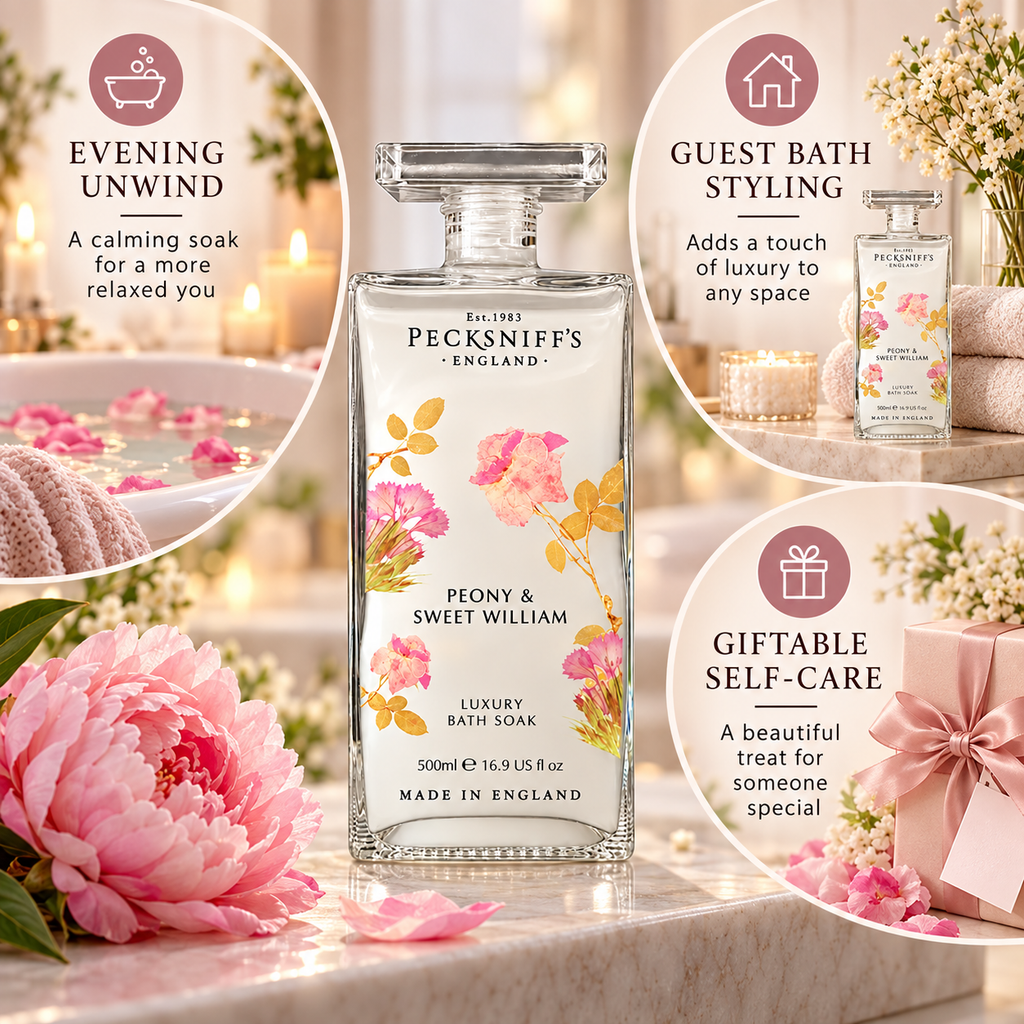 Pecksniff's Peony & Sweet William Bath Soak Decanter | 500ml/16.9 Fl Oz