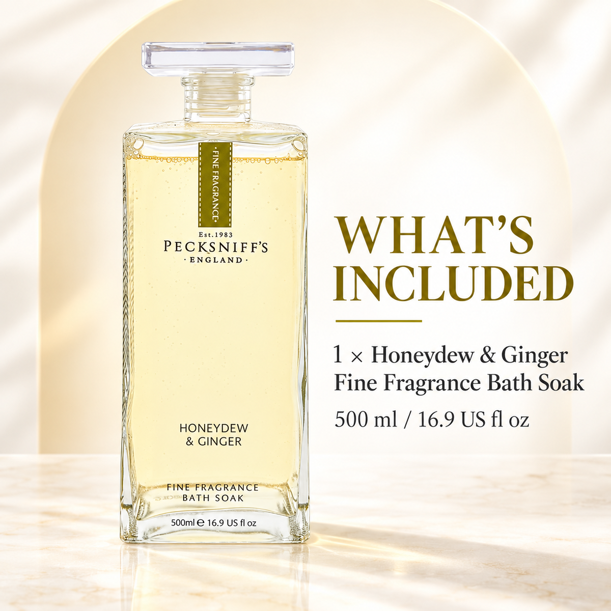 Pecksniff's Prestige Honeydew & Ginger Bath Soak Decanter | 500ml/16.9 Fl Oz