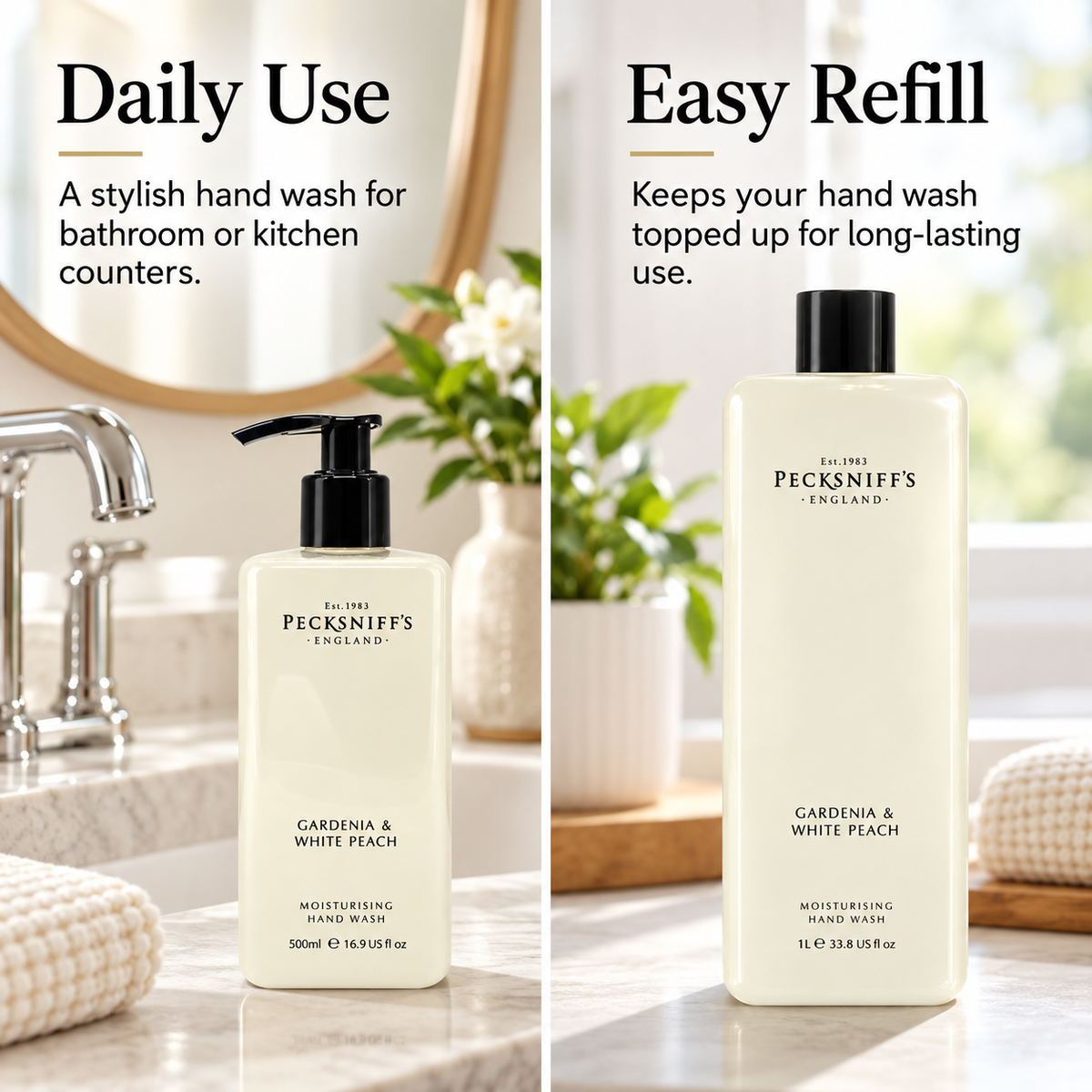 Pecksniffs Classic Gardenia and White Peach Moisturizing Hand Wash 500ml/16.9 Fl oz and Hand Wash Refill 1L/1000ml,33.8 Oz