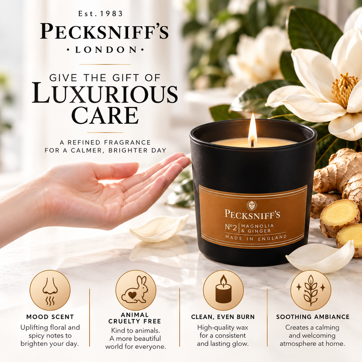 Pecksniffs Magnolia & Ginger Scented Candle | 1 Wick, 100g/3.5oz