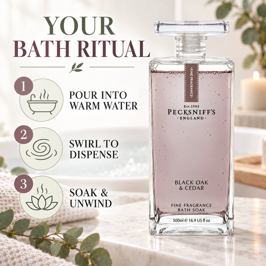 Pecksniff's Prestige Black Oak & Cedar Bath Soak Decanter | 500ml/16.9 Fl Oz