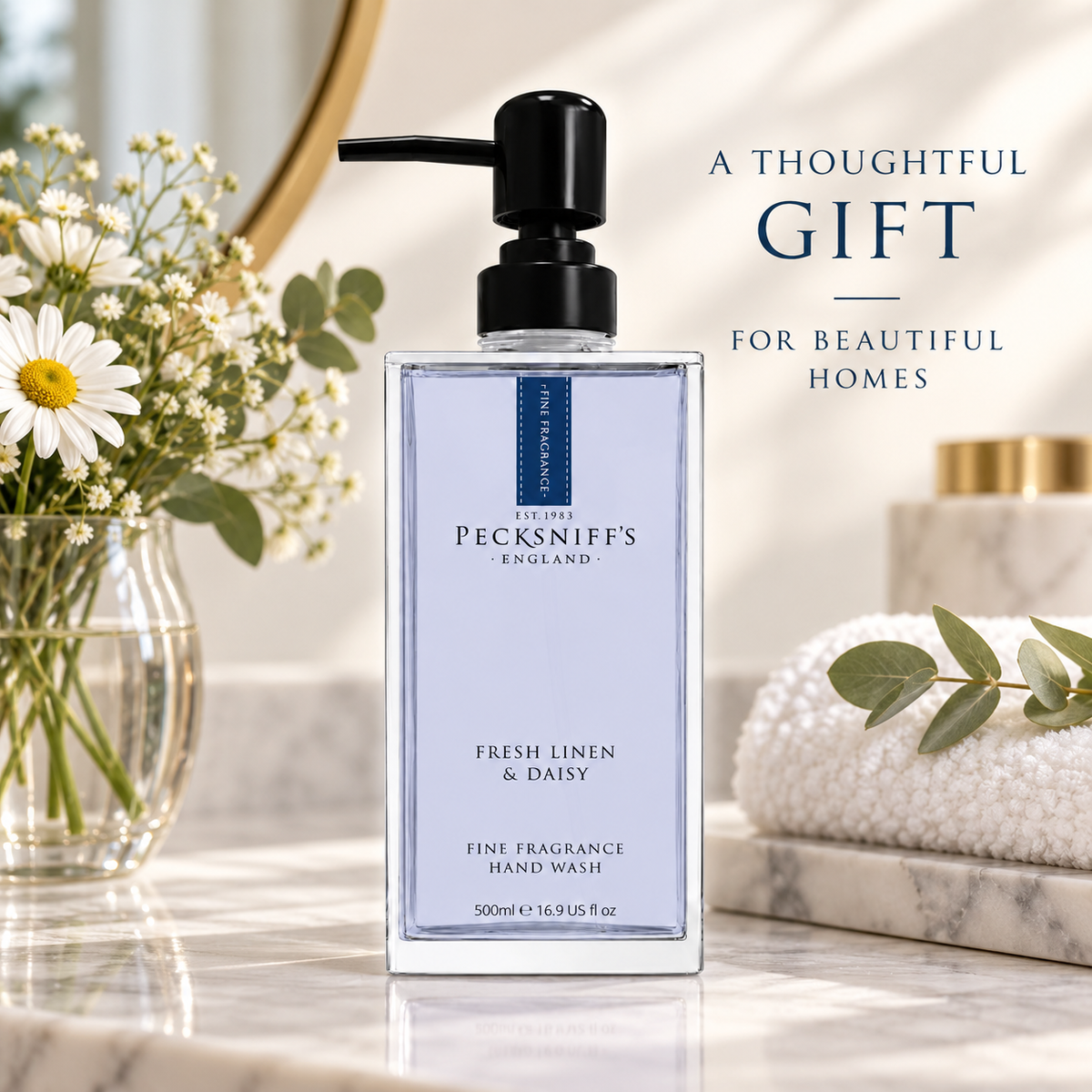 Pecksniff's Fresh Linen & Daisy Fine Fragrance Hand Wash in a Glass Bottle | 500ml, 16.9 Fl oz