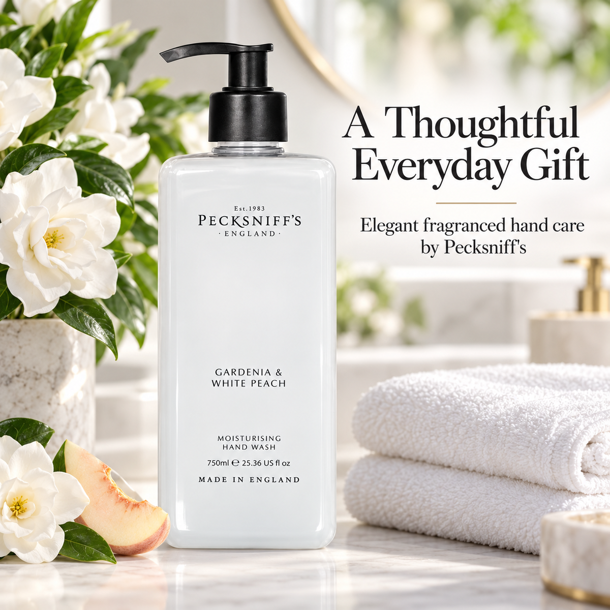 Pecksniff's Classic Gardenia & White Peach Scented Moisturizing Hand Wash | 750ml, 25.3 Fl oz