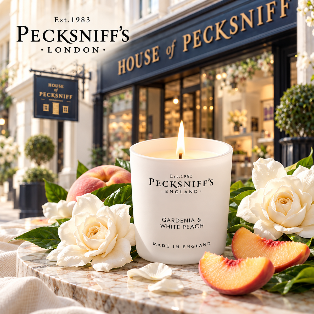 Pecksniff's Gardenia & White Peach Luxury Scented Candle | 1 Wick, 100 g/3.5 oz