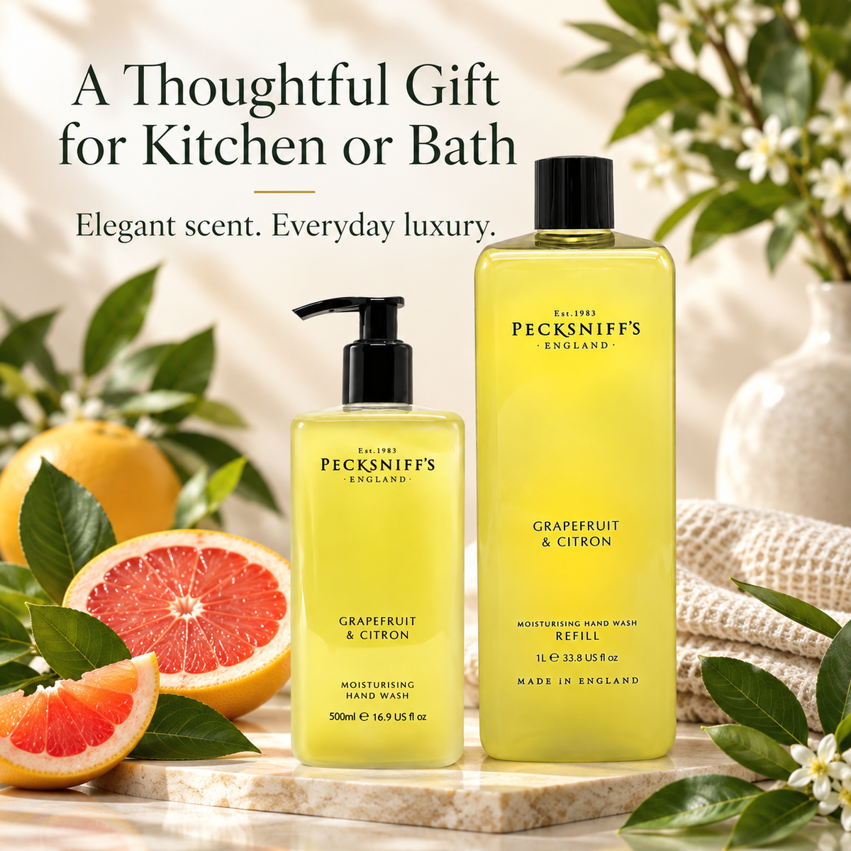 Pecksniff's Classic Grapefruit & Citron Moisturizing Hand Wash 500ml/16.9 Fl oz and Hand Wash Refill 1L/1000ml,33.8 Oz