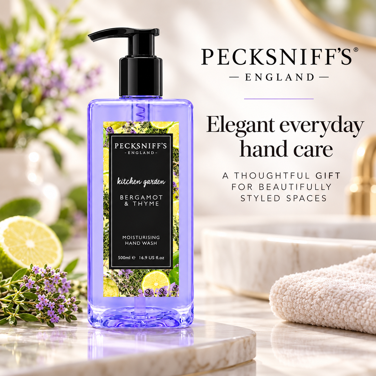 Pecksniff's Classic Bergamot & Thyme Scented Moisturizing Hand Wash | 500ml, 16.9 Fl oz