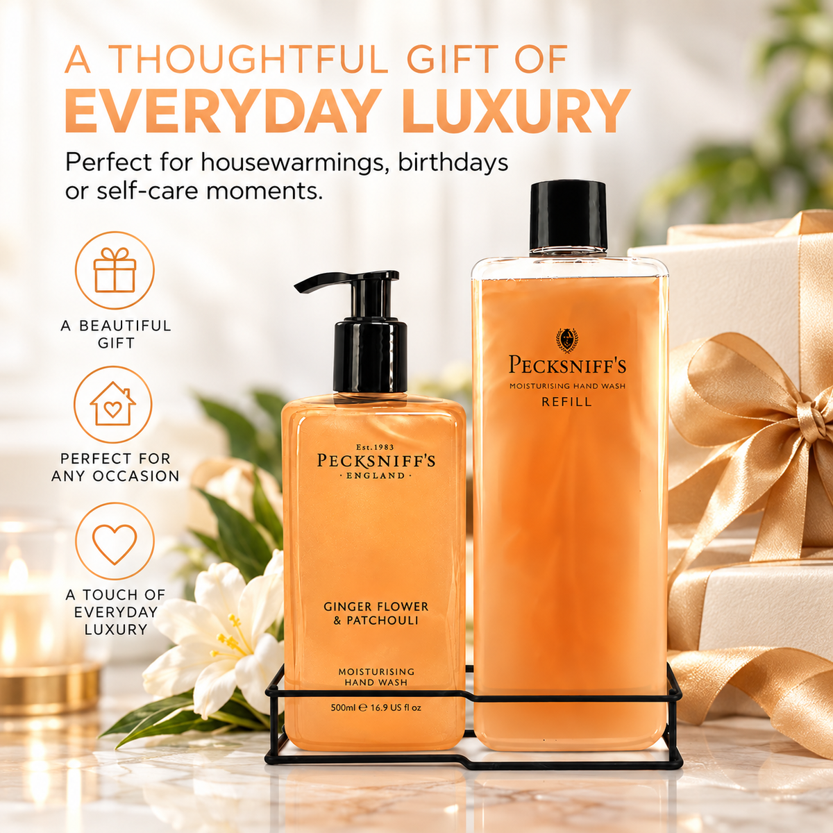 Pecksniff's Classic Ginger Flower & Patchouli Moisturizing Hand Wash 500ml/16.9 Fl oz and Hand Wash Refill 1L/1000ml,33.8 Oz