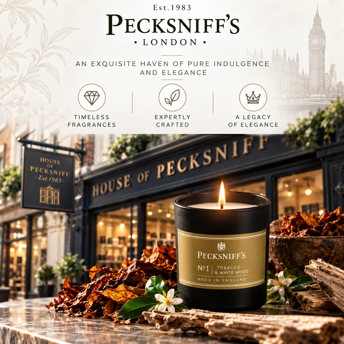 Pecksniff's Tobacco & White Wood Scented Candle | 1 Wick, 100g/3.5oz