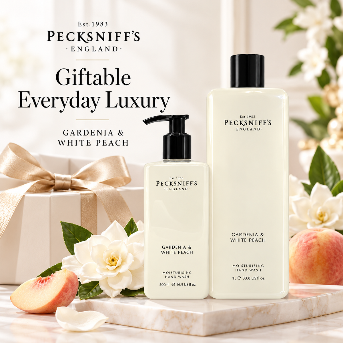 Pecksniffs Classic Gardenia and White Peach Moisturizing Hand Wash 500ml/16.9 Fl oz and Hand Wash Refill 1L/1000ml,33.8 Oz