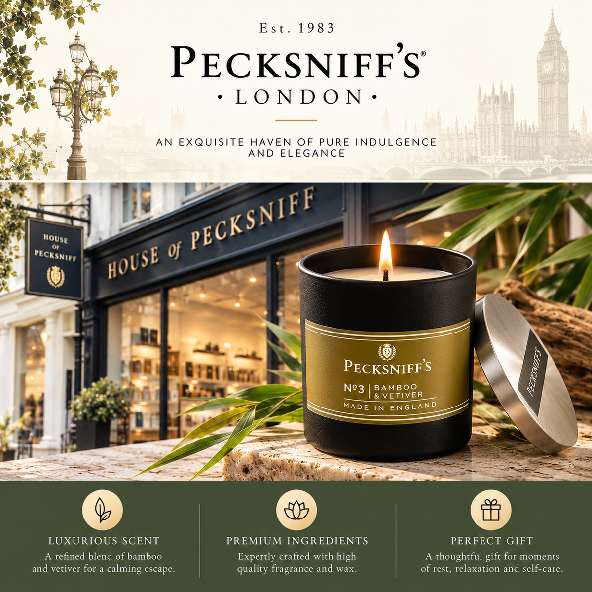 Pecksniffs Bamboo & Vetiver Scented Candle | 1 Wick, 100g/3.5oz