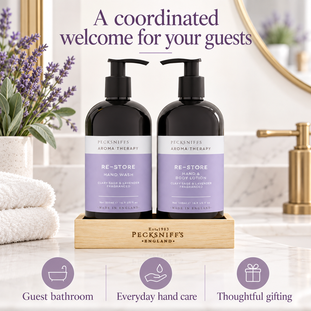 Pecksniff's Aroma:Therapy Re-Store Duo Caddy, 500 ml/16.9 fl oz Hand Wash and 500 ml/16.9 fl oz Hand & Body Lotion